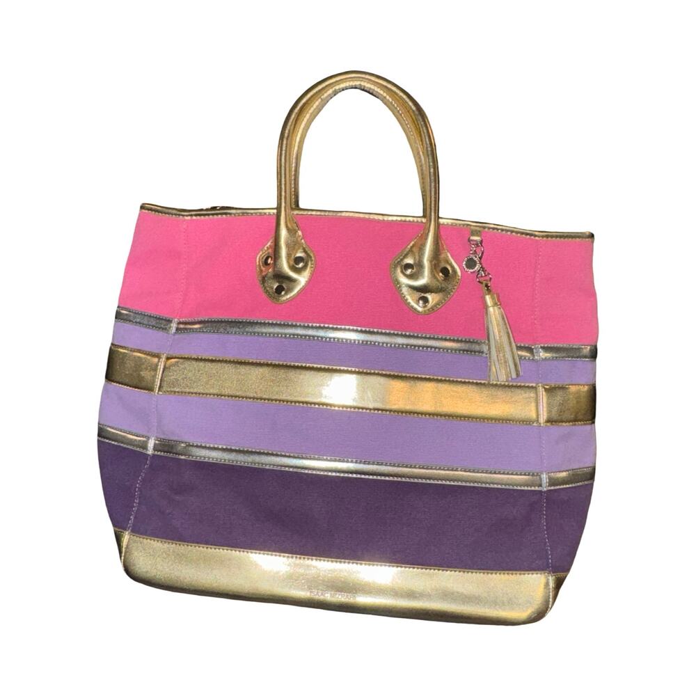 Isaac Mizrahi Canvas Beach Tote Gold Pink Purple Large - Picture 5 of 9